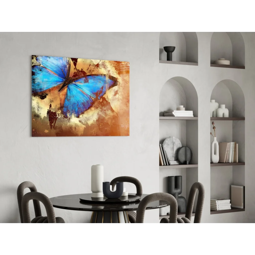 Stunning blue butterfly glass wall art with textured earth tones