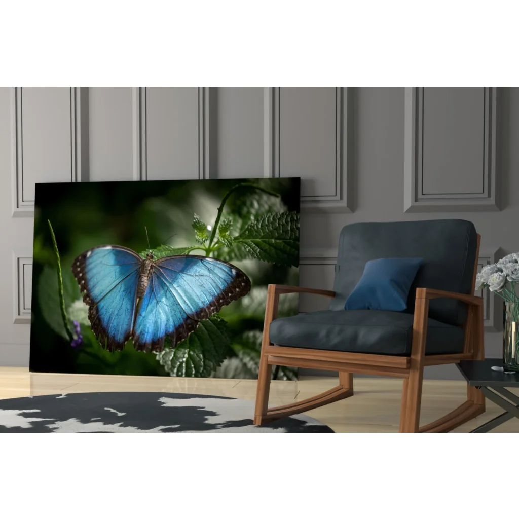 Stunning blue Morpho butterfly glass wall art canvas print on wall