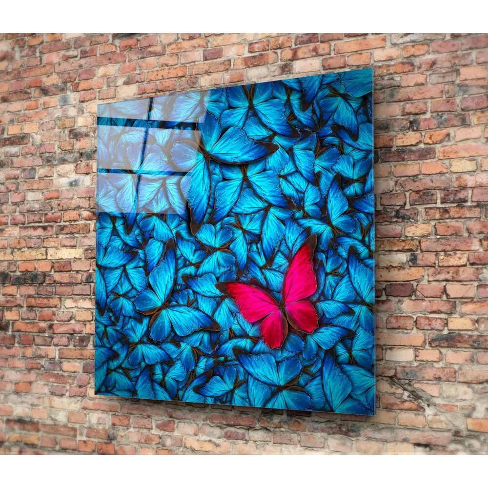 Stunning Pink Butterfly Glass Wall Art with Blue Accents | Glass Wall Art Print | vintageantiquesgifts.com