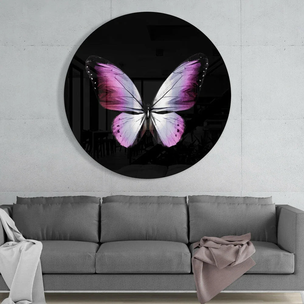 Stunning pink butterfly tempered glass art wall clock in vibrant colors