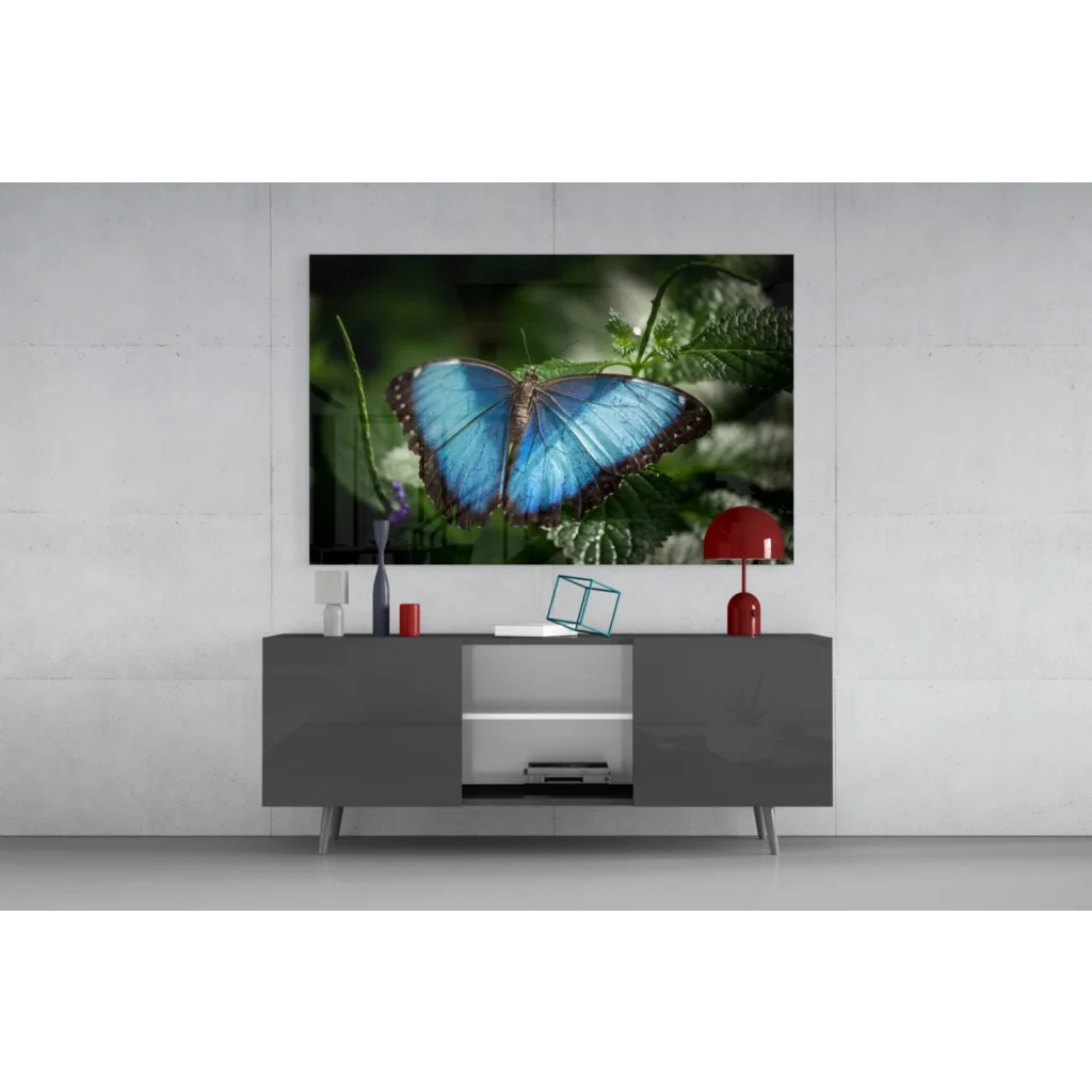 Stunning blue morpho butterfly glass wall art canvas print