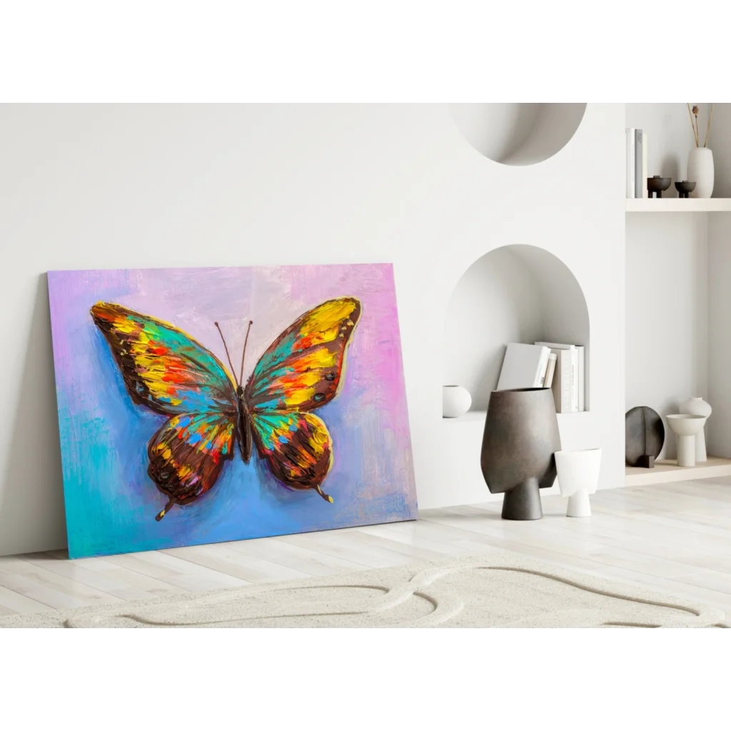 Vibrant multicolored butterfly wall art canvas with bold colorful brushstrokes