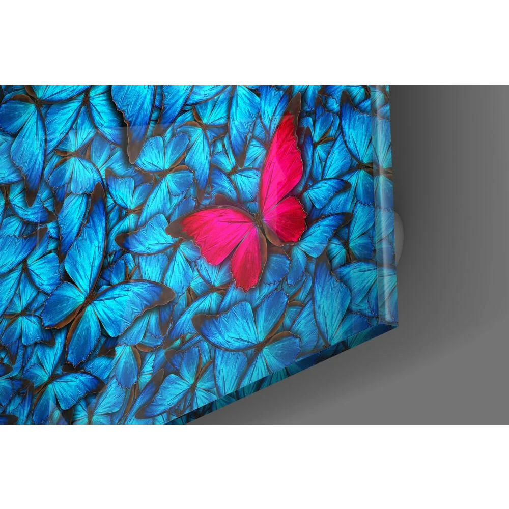 Stunning Pink Butterfly Glass Wall Art with Blue Accents | Modern Wall Art Decor | vintageantiquesgifts.com