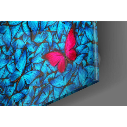 Stunning Pink Butterfly Glass Wall Art with Blue Accents | Modern Wall Art Decor | vintageantiquesgifts.com