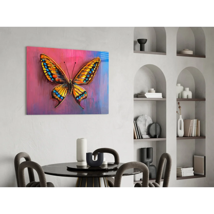 Vibrant orange blue butterfly canvas wall art on pink purple gradient