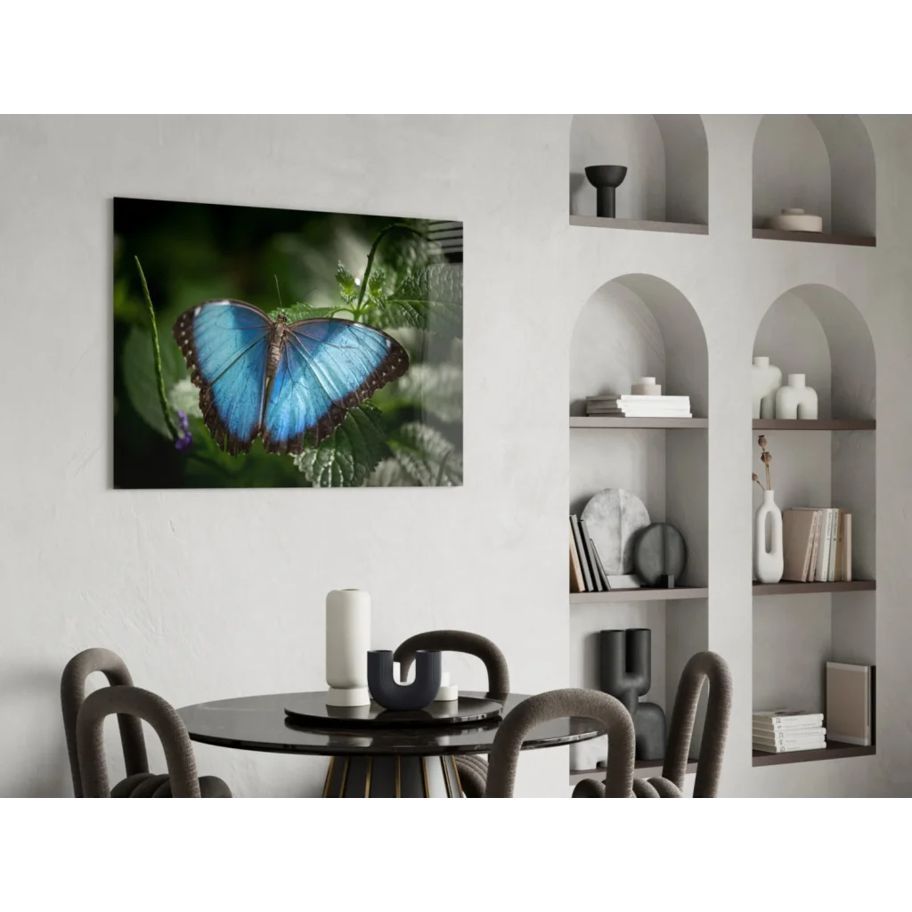 Vibrant blue morpho butterfly on sleek glass wall art canvas print