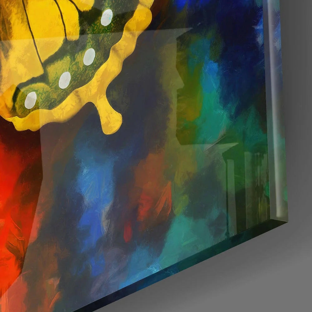 Stunning Yellow Butterfly Glass Wall Art on Abstract Canvas | Glass Wall Art Print | vintageantiquesgifts.com