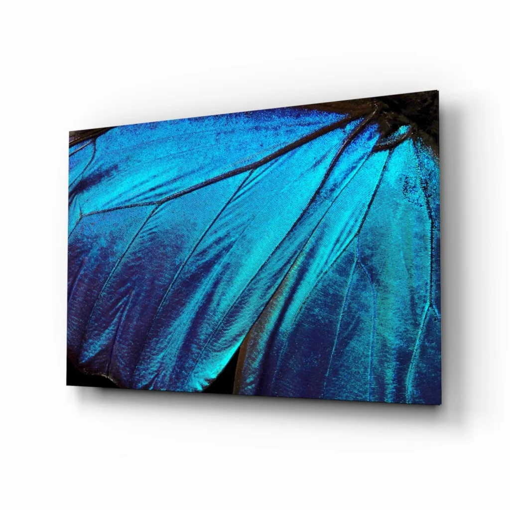 Vibrant blue butterfly wing on iridescent glass wall art print