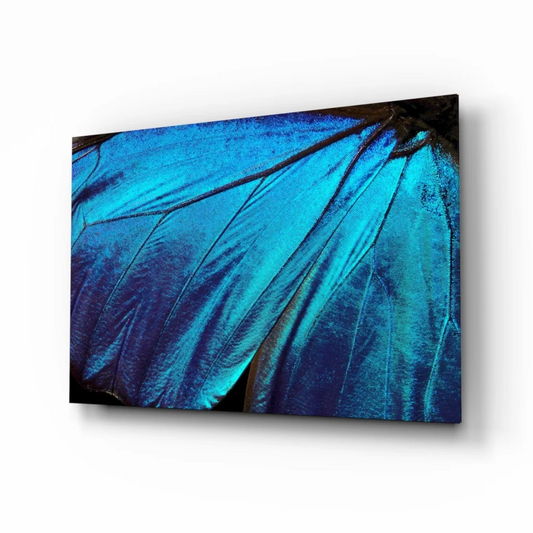 Vibrant blue butterfly wing on iridescent glass wall art print