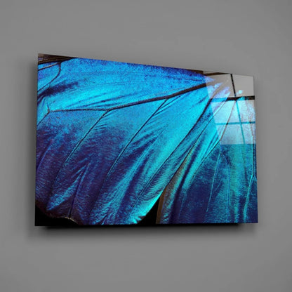 Vibrant blue butterfly wing glass wall art with iridescent texture