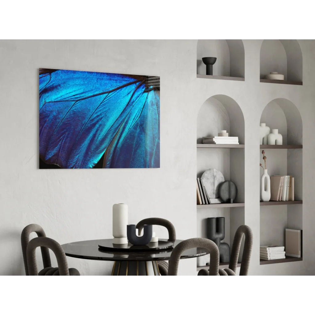 Stunning vibrant blue butterfly wing glass wall art on wall