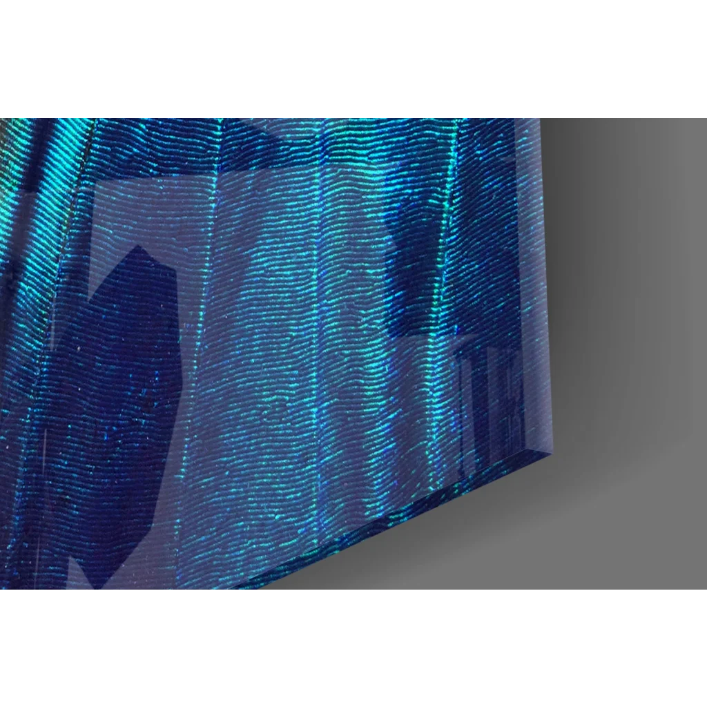 Stunning blue butterfly wing glass wall art with holographic curtain texture