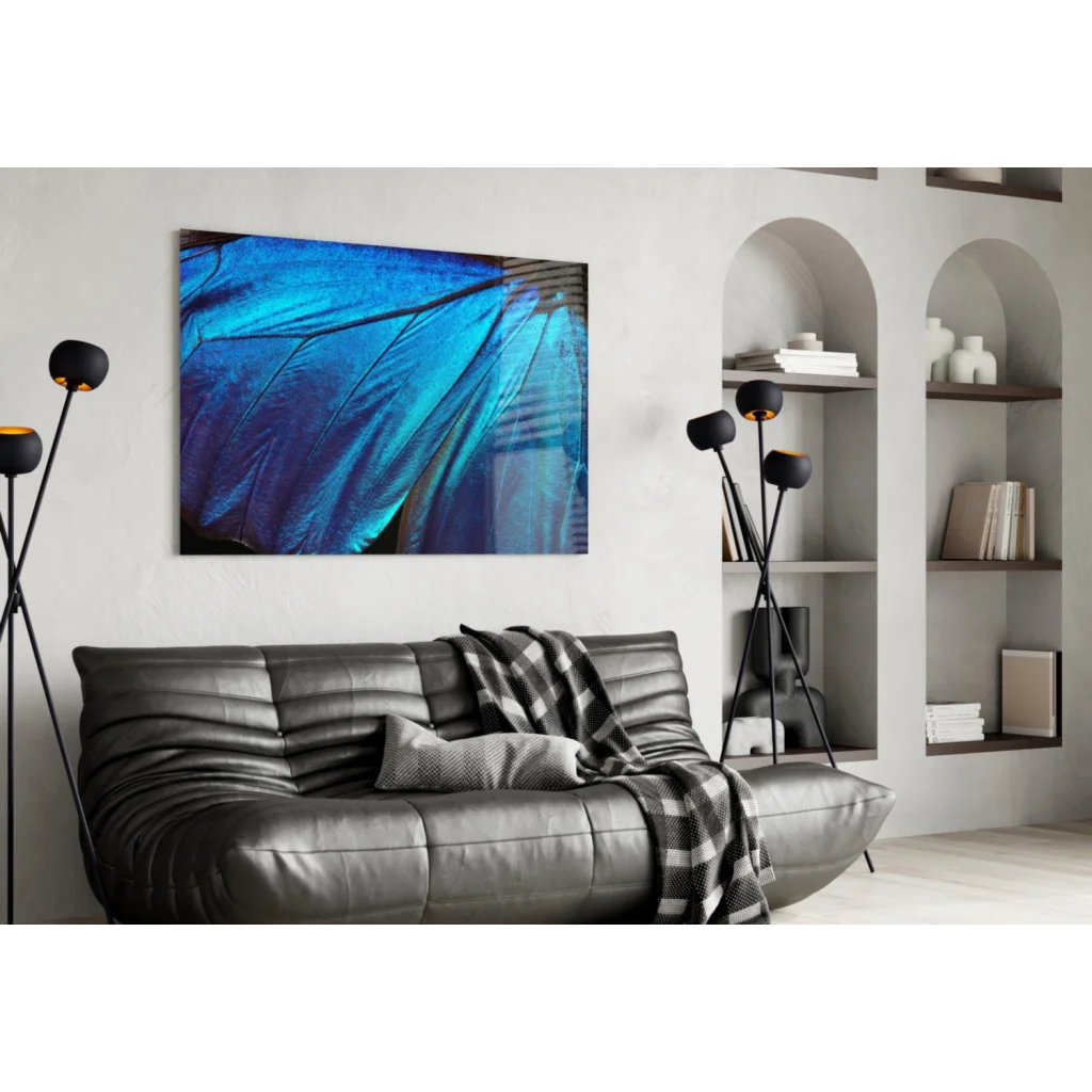 Stunning vibrant blue butterfly wing glass wall art print on wall