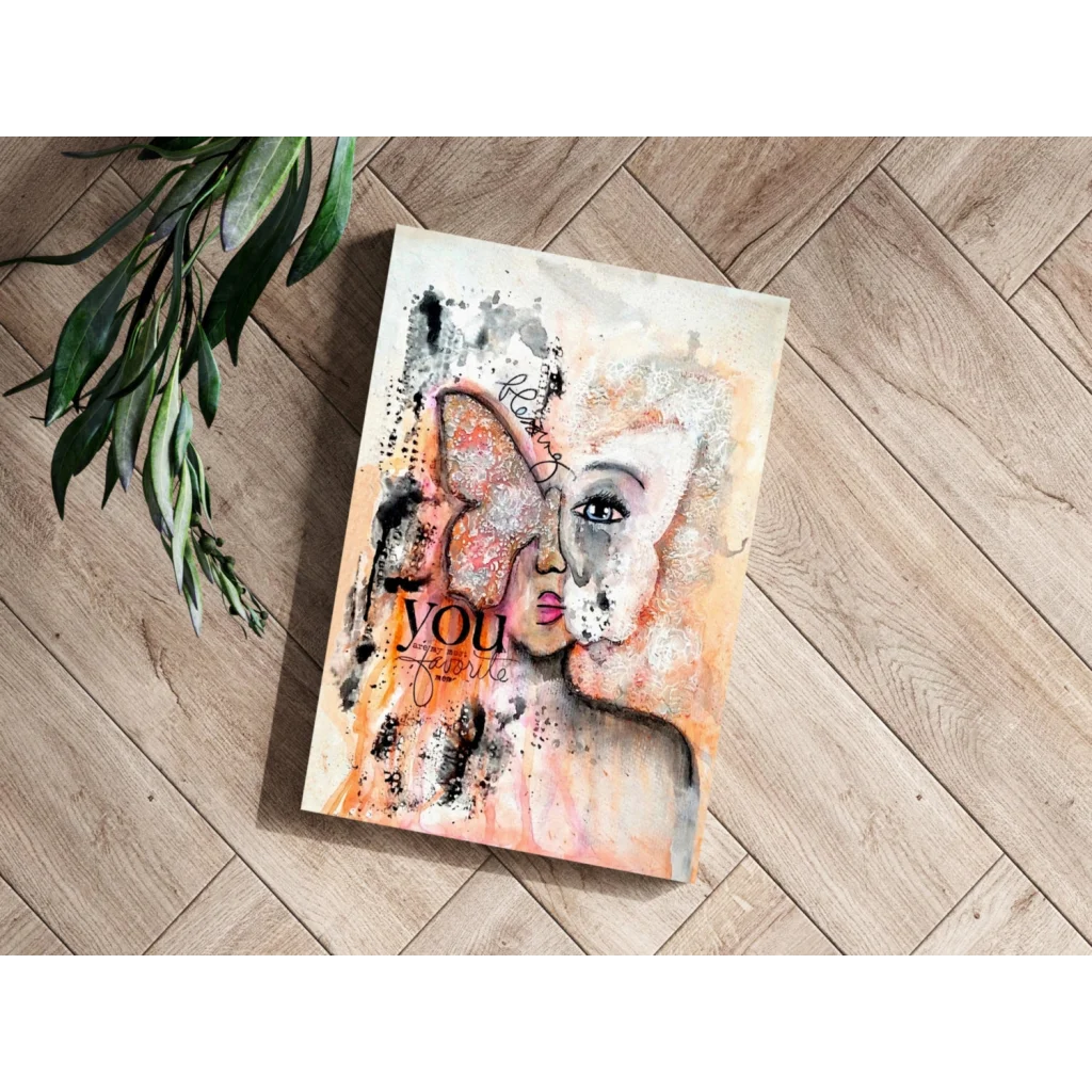 Abstract butterfly woman canvas art print in orange black on white