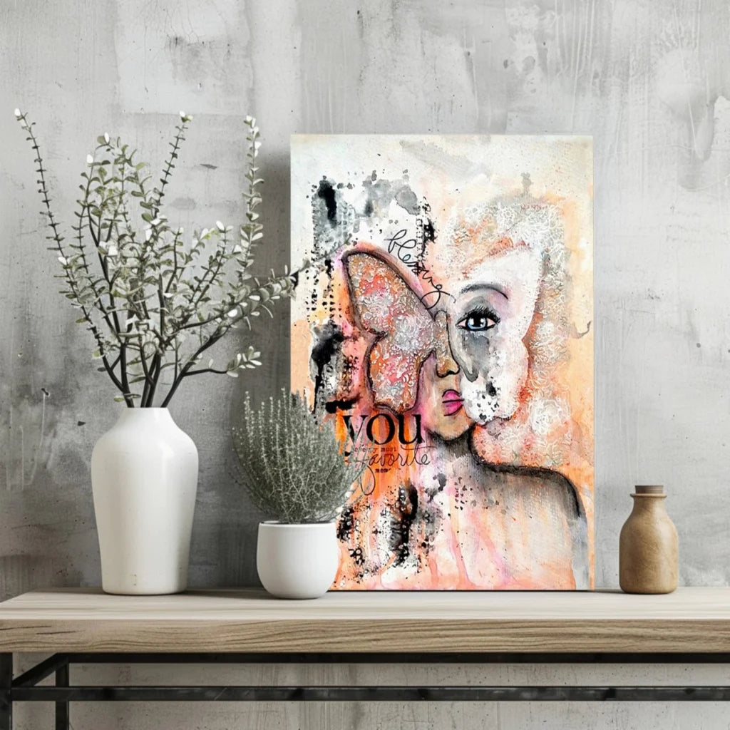 Modern butterfly woman abstract canvas art in pink orange hues