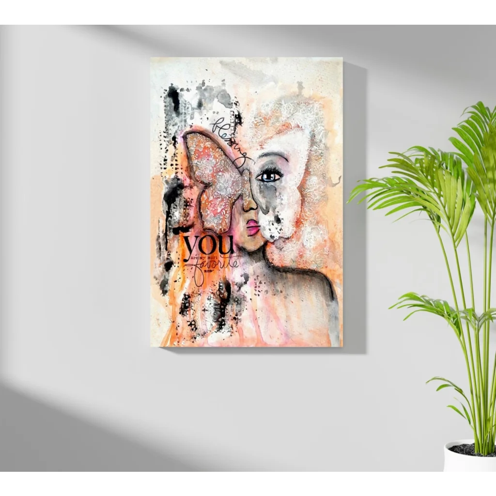 Butterfly Woman abstract canvas art print with bold you text in peach black tones