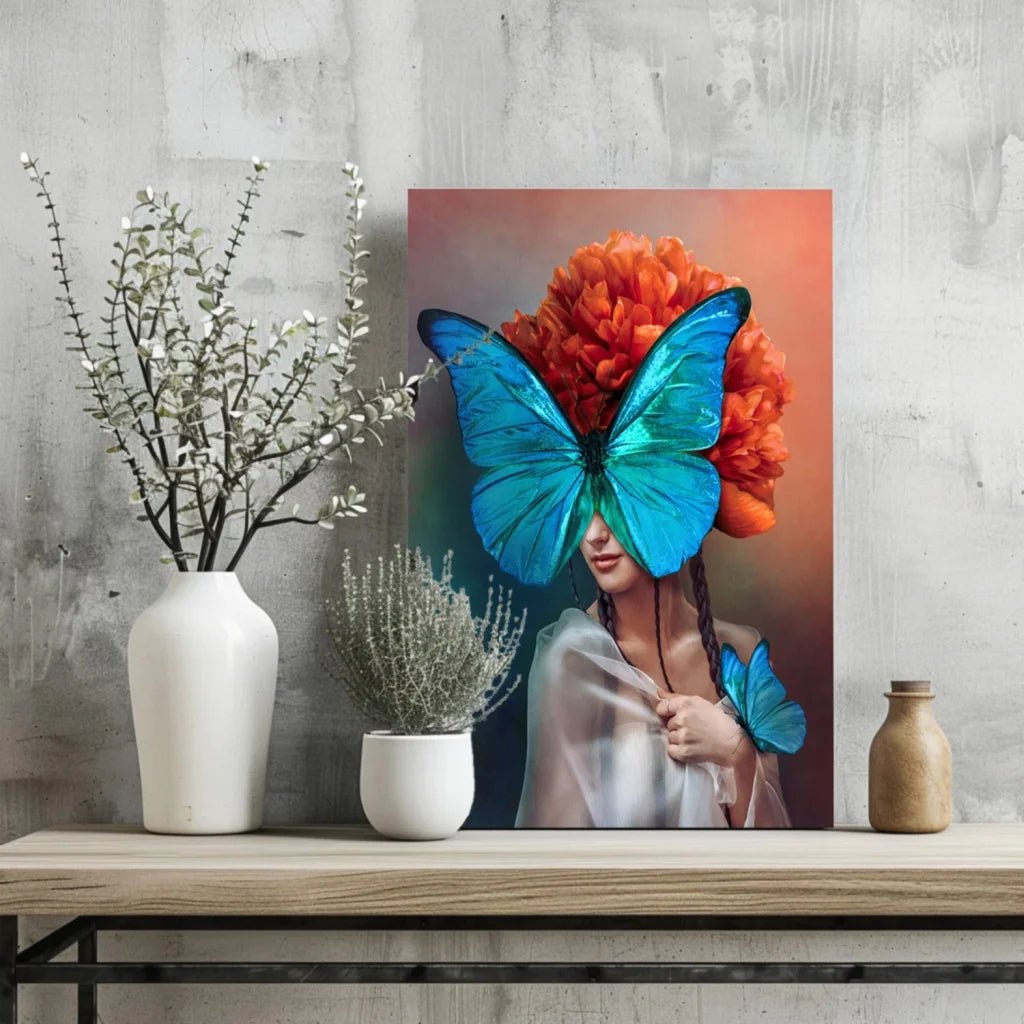 Vibrant blue butterfly woman on insigne aluminum print