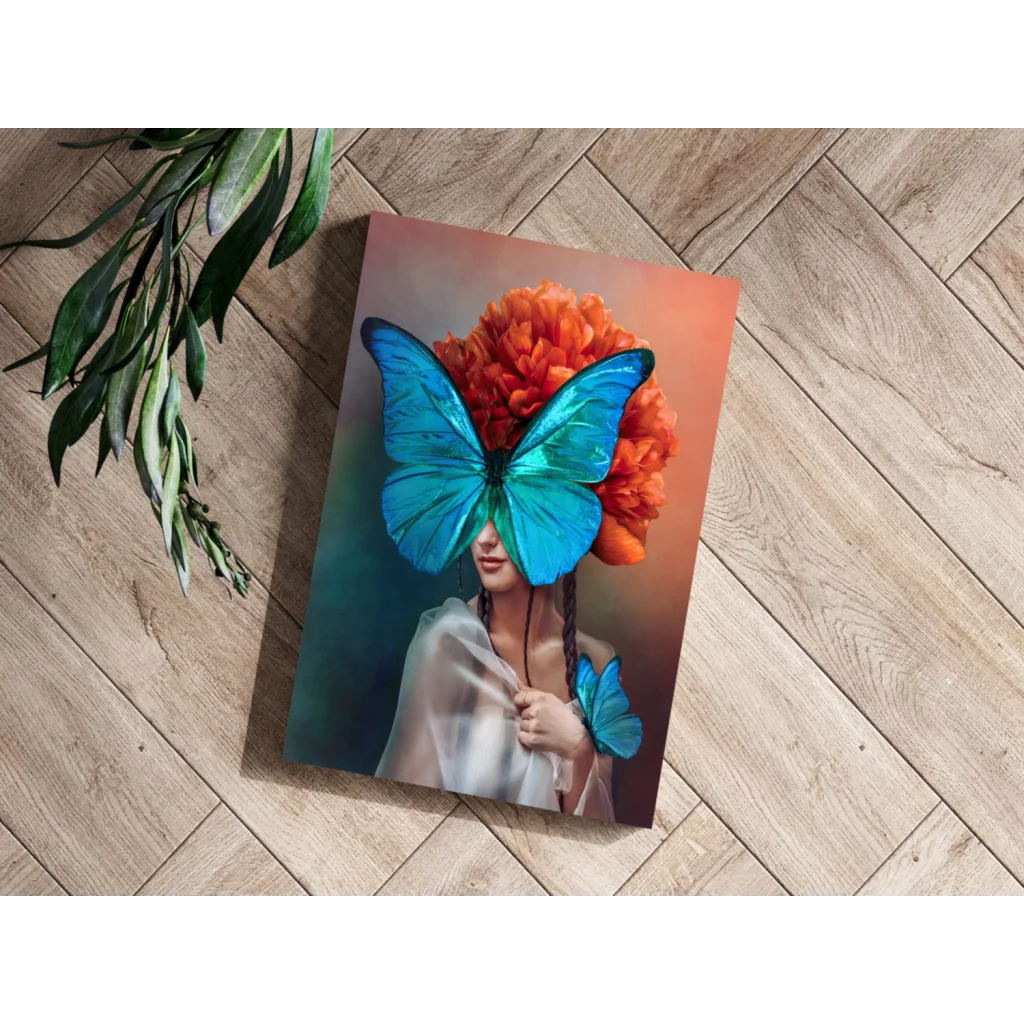Vibrant blue butterfly woman on insigne aluminum print with orange floral crown