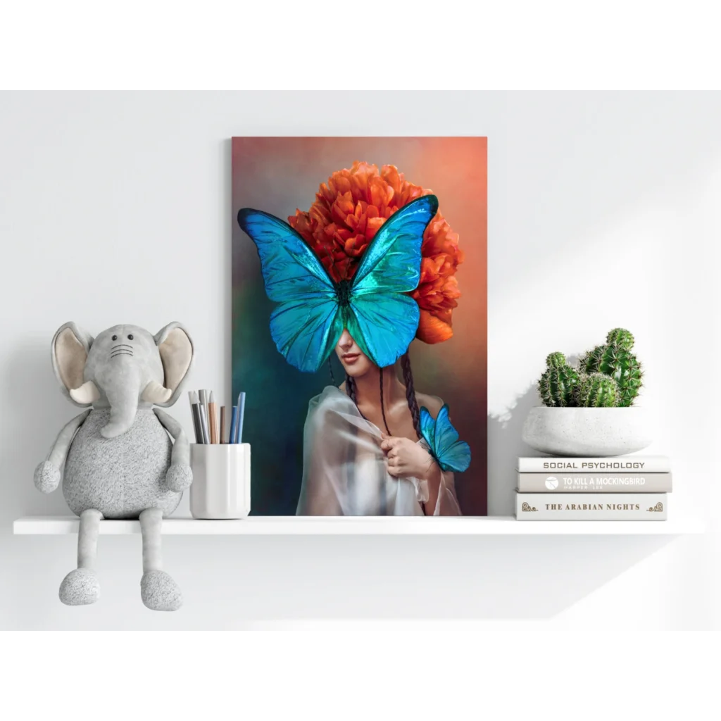 Vibrant blue butterfly woman on insigne aluminum prints