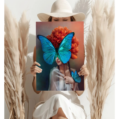 Vibrant blue butterfly on orange flowers, insigne aluminum print