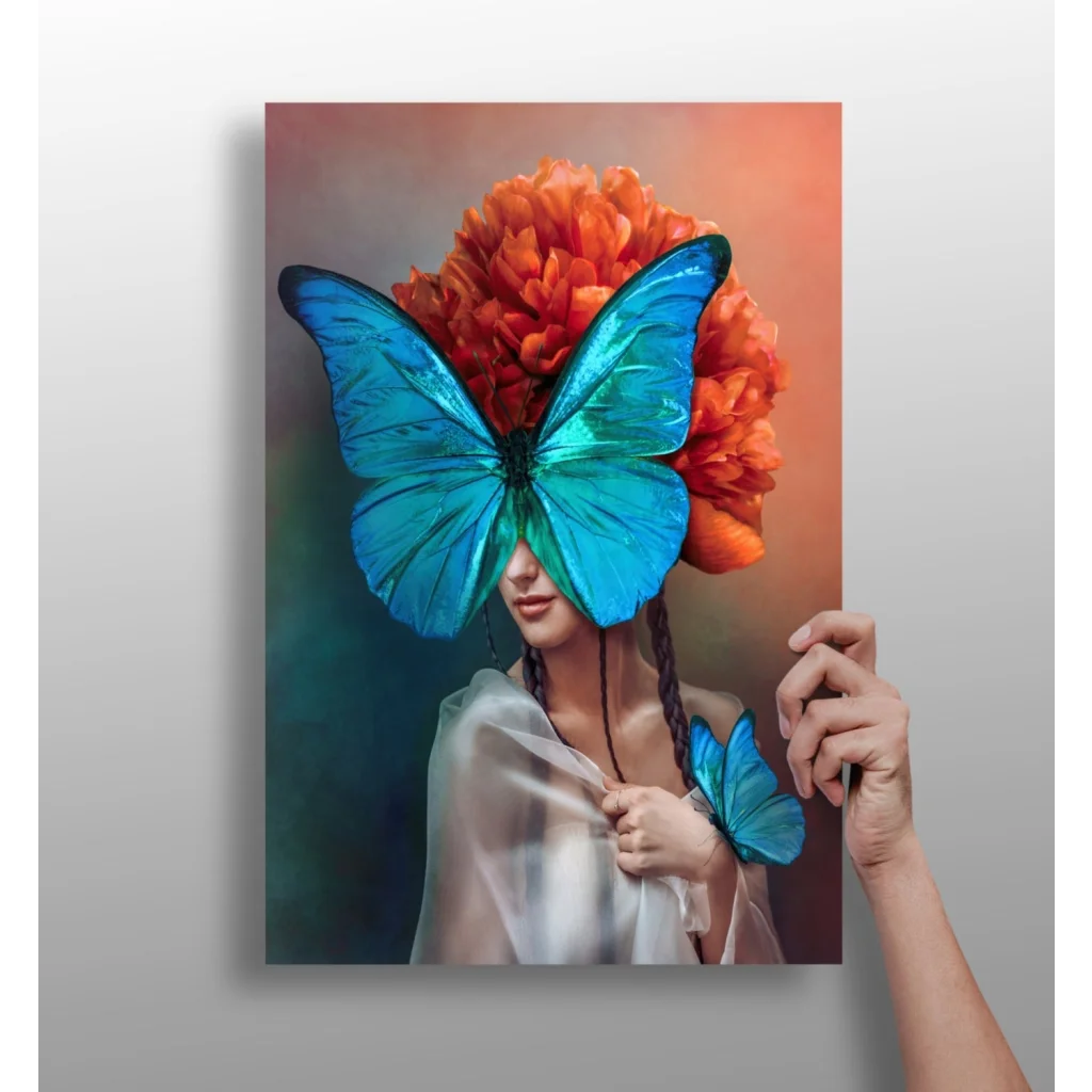 Vibrant blue butterfly woman on insigne aluminum print with orange floral crown