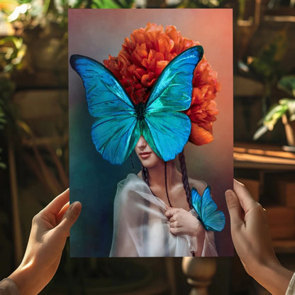 Vibrant blue butterfly on woman’s face in Insigne Aluminum Prints portrait