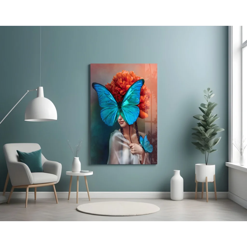 Vibrant blue butterfly on womans head in glass wall art canvas print
