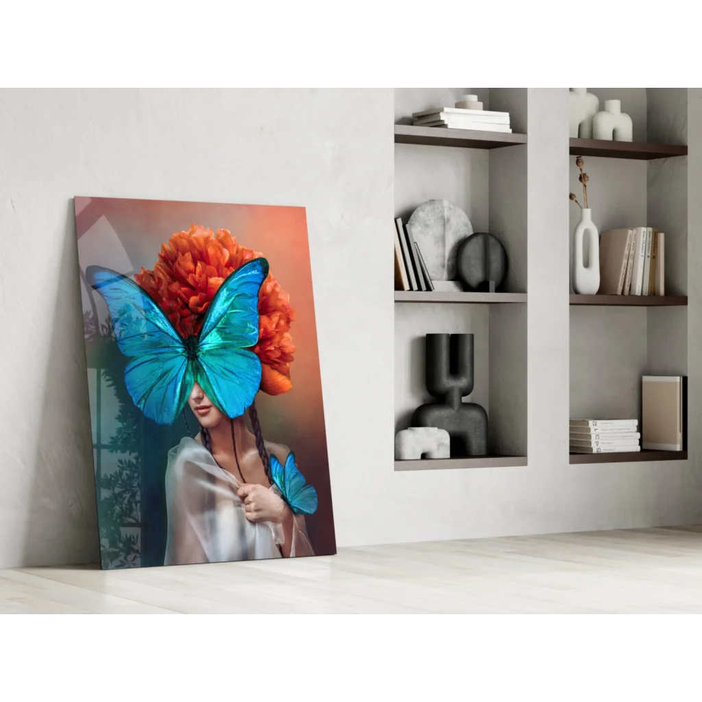 Vibrant blue butterfly woman glass wall art canvas print with orange floral headdress
