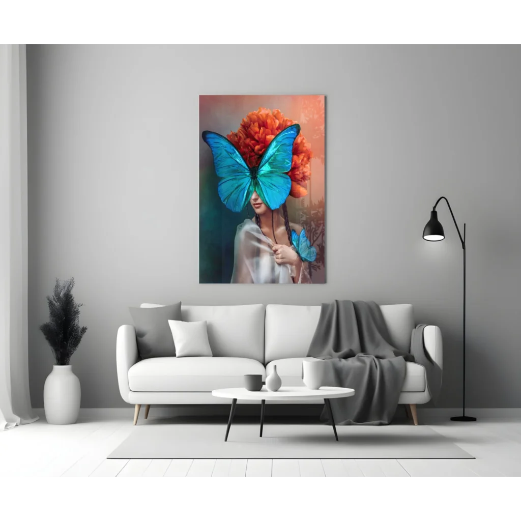 Vibrant blue butterfly on woman’s head in glass wall art canvas print