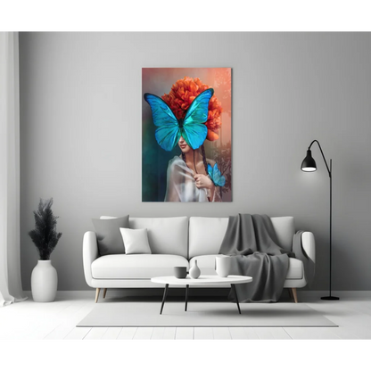 Vibrant blue butterfly on woman’s head in glass wall art canvas print
