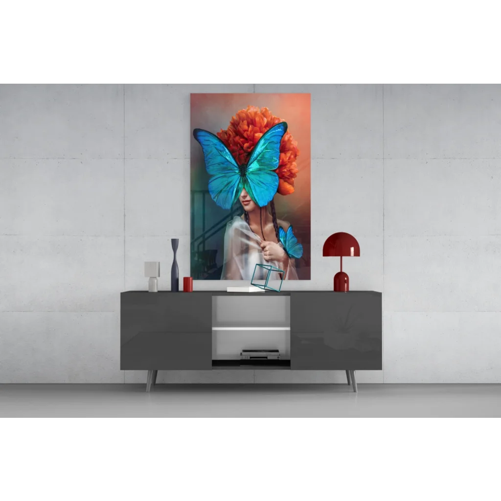Vibrant blue butterfly on womans head in glass wall art canvas print