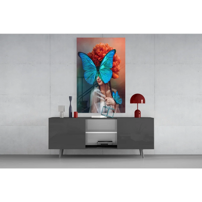 Vibrant blue butterfly on womans head in glass wall art canvas print
