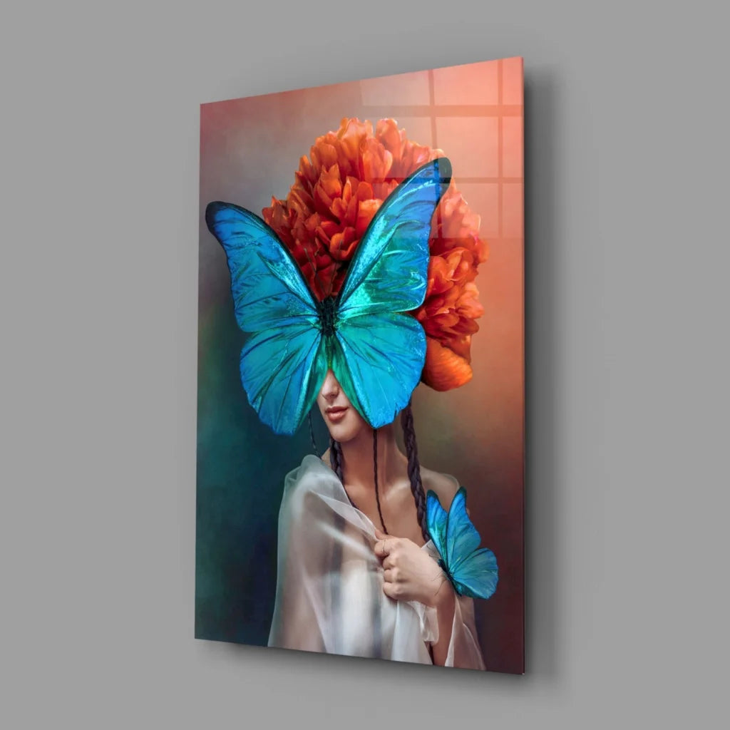 Vibrant blue butterfly woman glass wall art print with floral hair