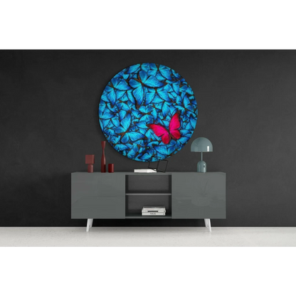 Vibrant tempered glass art with blue butterfly pattern and pink center