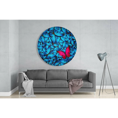 Vibrant tempered glass art with blue butterfly pattern and pink center
