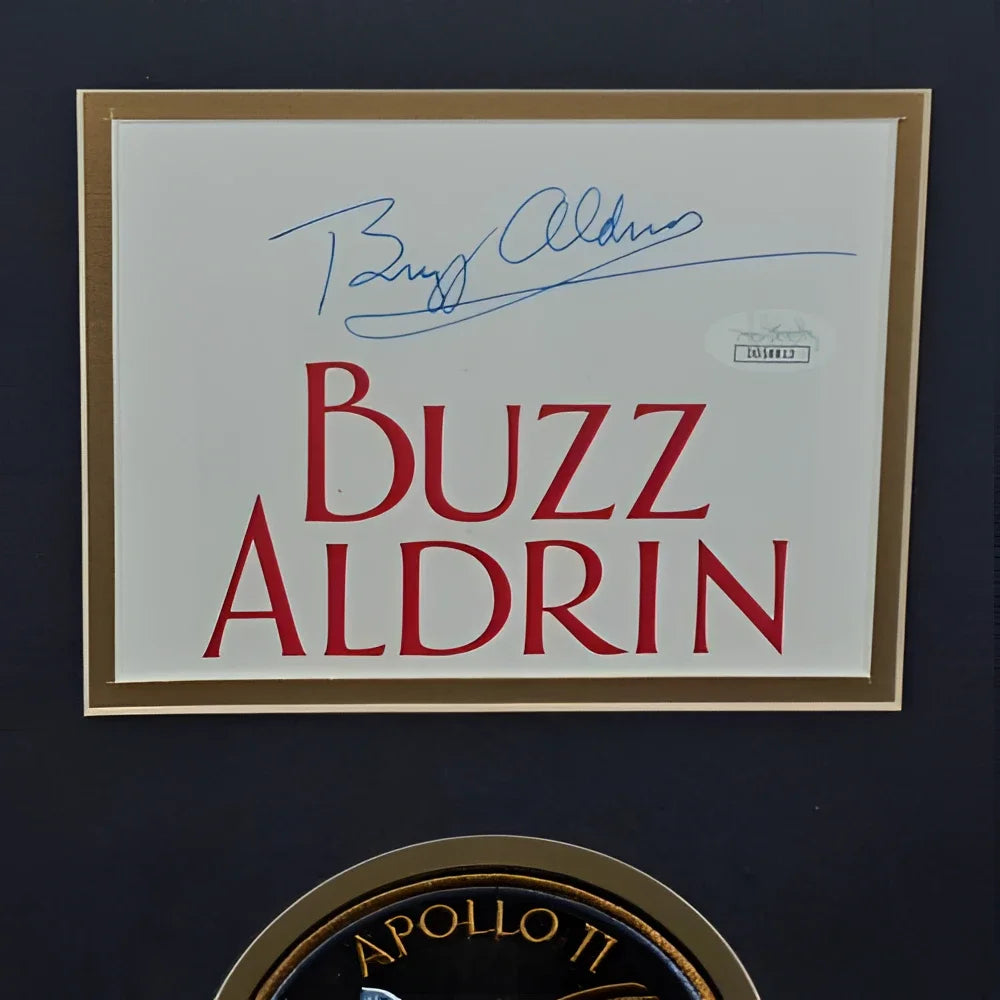 Framed Buzz Aldrin autographed Apollo 11 photo with genuine moon rock