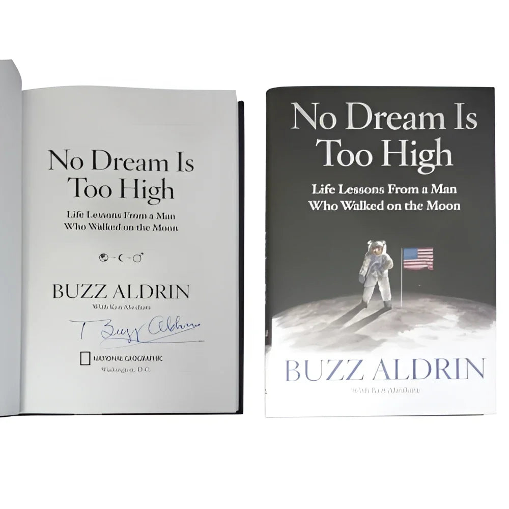 Buzz Aldrin autographed No Dream Is Too High book with moon flag astronaut