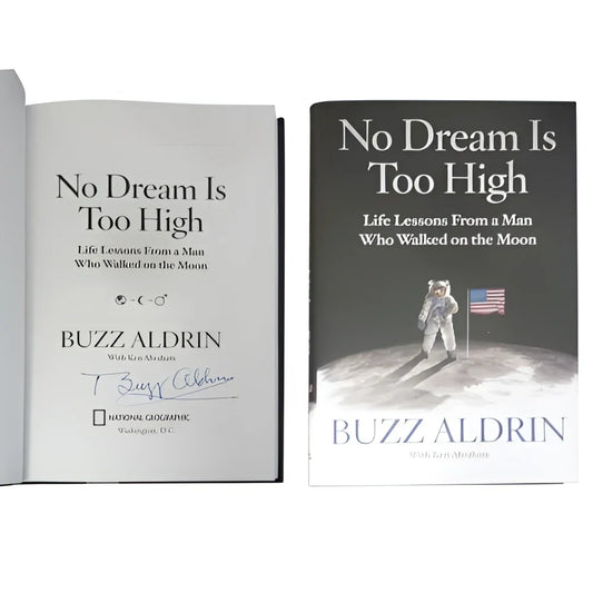 Buzz Aldrin autographed No Dream Is Too High book with moon flag astronaut