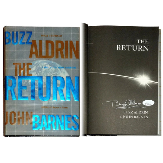 Buzz Aldrin autographed Return book with blue orange grid cover