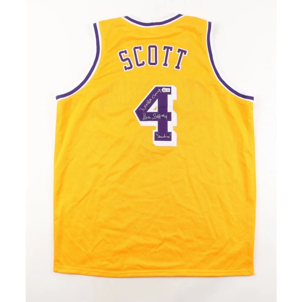Yellow Byron Scott signed jersey with purple trim and number 4, NBA champ memorabilia