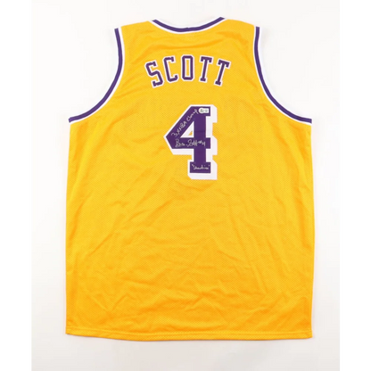 Yellow Byron Scott signed jersey with purple trim and number 4, NBA champ memorabilia
