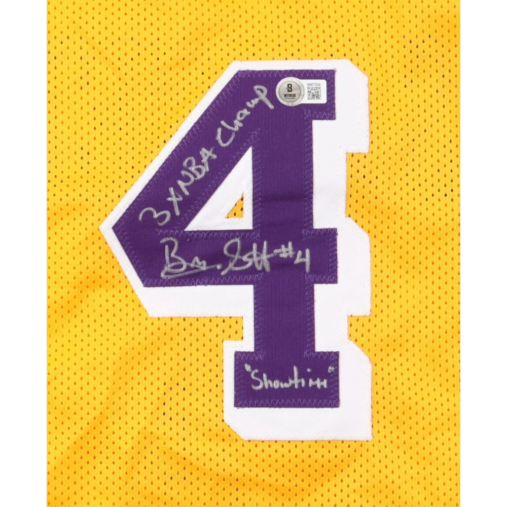 Autographed yellow Byron Scott signed NBA champ jersey with purple number 4