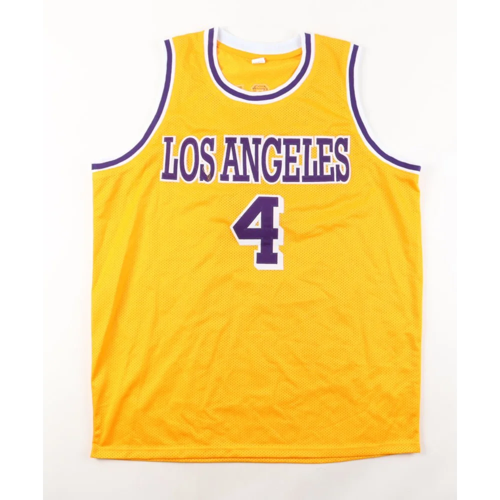 Yellow mesh Byron Scott signed NBA champ jersey with purple trim and number 4