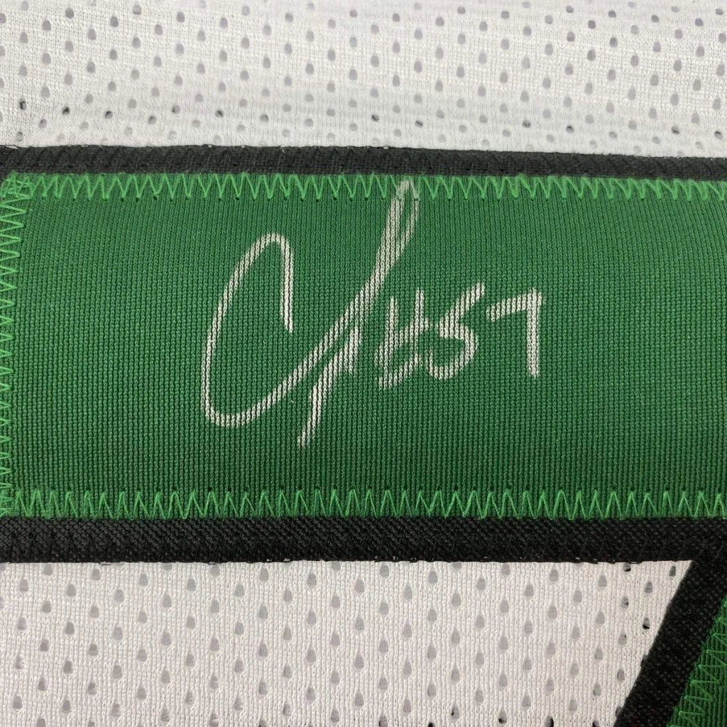 Green Jets jersey with white autograph by C J Mosley ready to hang on your wall