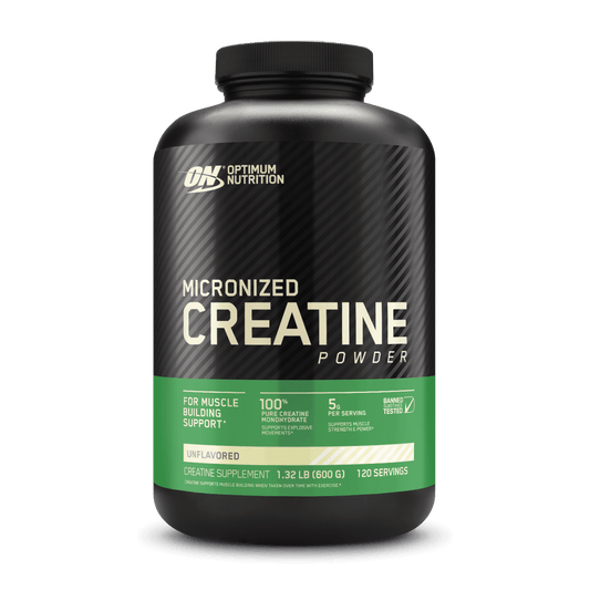 Black plastic container of Optimum Nutrition Micronized Creatine Powder with green label band, displayed against white background.
