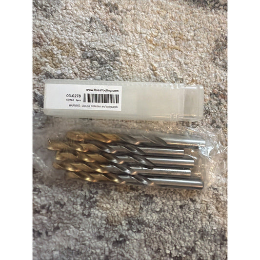 Five gold and silver TiN-coated jobber drill bits in clear plastic packaging with white label showing product number 03-0278 and www.HaasTooling.com.