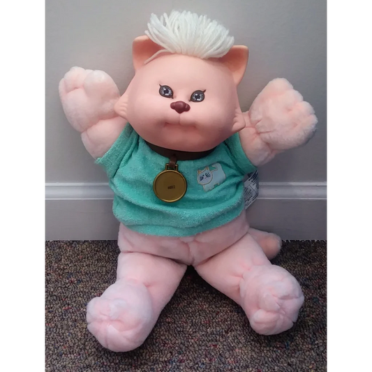 Vintage 1983 Cabbage Patch Koosa Cat plush in pink with white mohawk