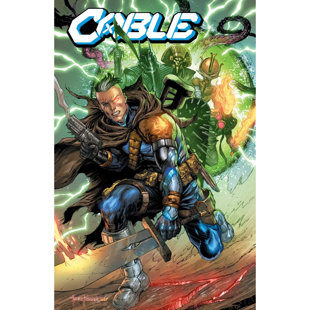 Comic book cover for Cable issue 9 with Cable and characters on lightning-filled green background