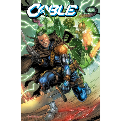 Comic book cover for Cable issue 9 with Cable and characters on lightning-filled green background