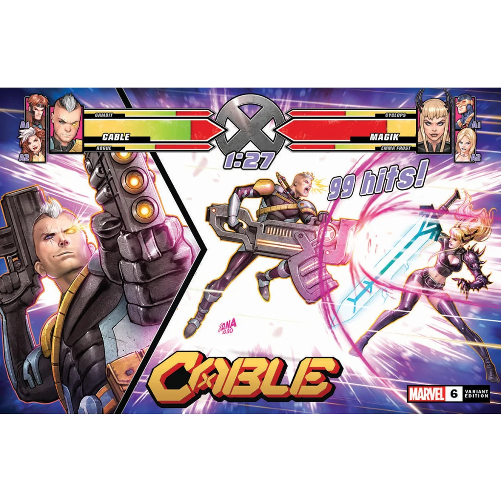 Epic comic cover showing Cable fighting Magik in an epic battle scene